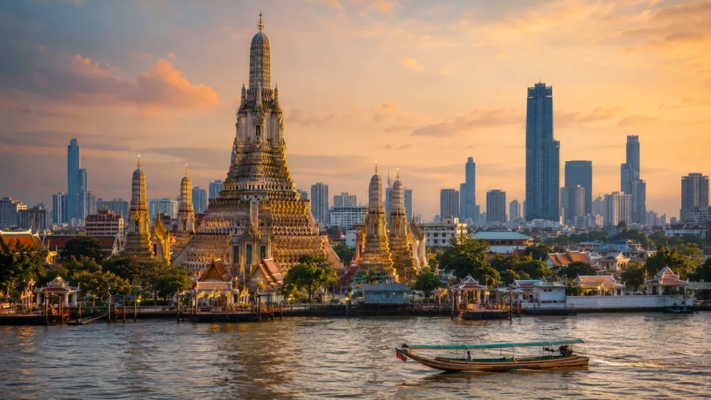 Bangkok skyline and temples featured in a 14-day Thailand itinerary