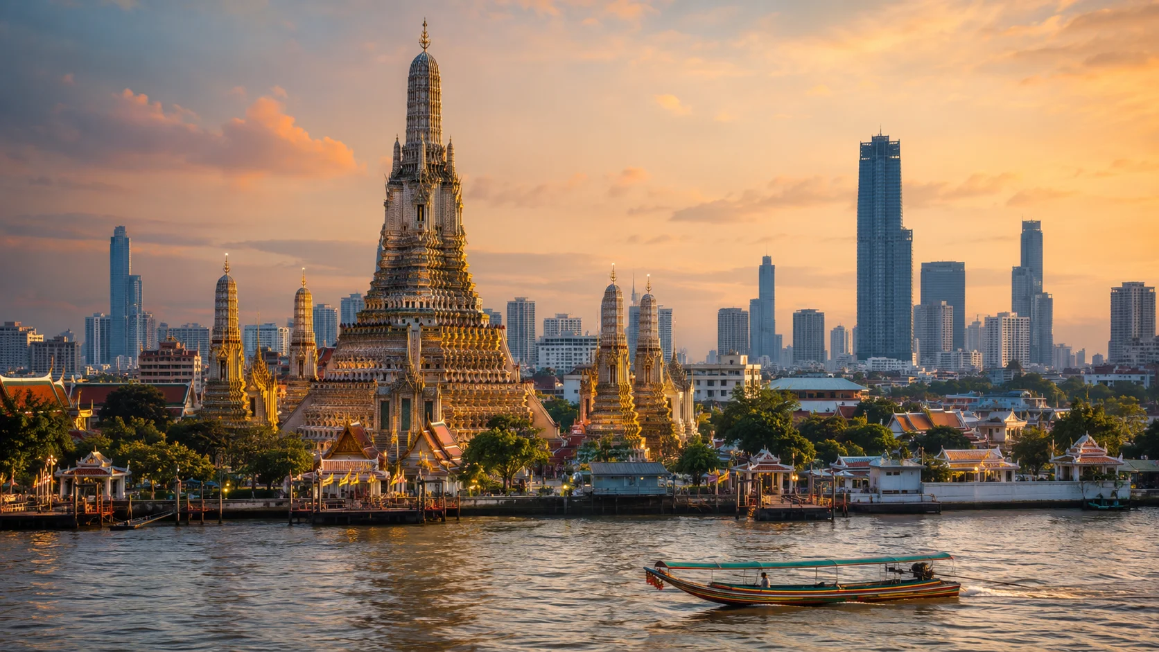Bangkok skyline and temples featured in a 14-day Thailand itinerary