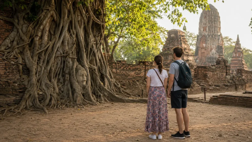 Travellers viewing the Buddha head entwined in tree roots at Wat Mahathat, Ayutthaya