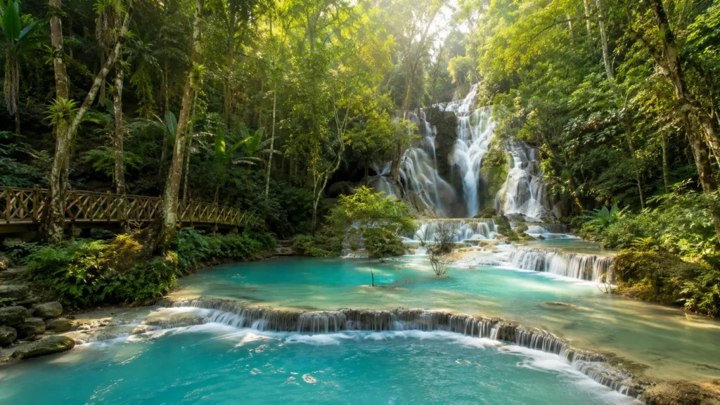 Turquoise pools and forest at Kuang Si Waterfall in Laos