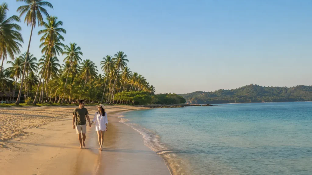 Couple walking along palm-lined Ngapali Beach in Myanmar