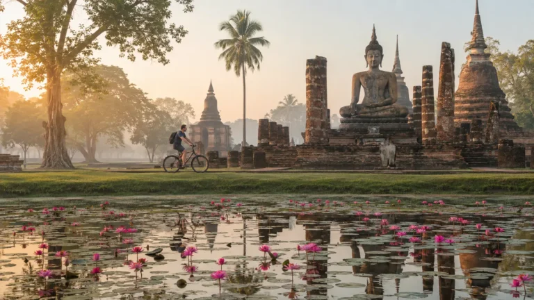 Cyclist passing Wat Mahathat and a lotus pond in Sukhothai Historical Park