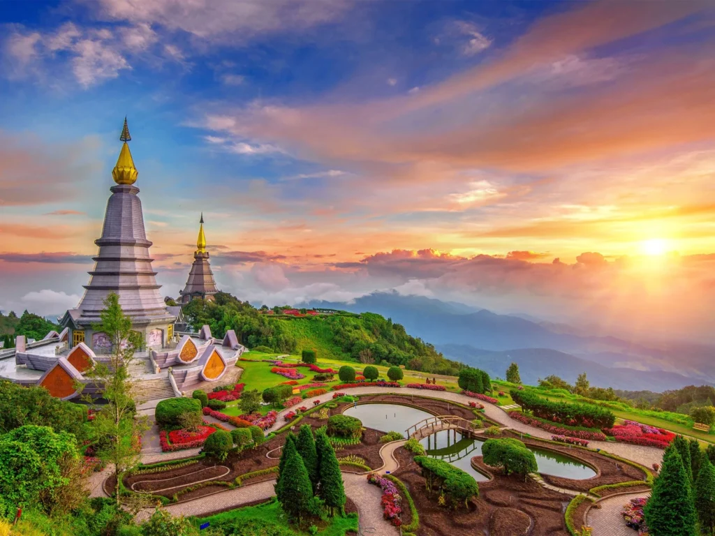 Mountain forest and twin pagodas in Doi Inthanon National Park