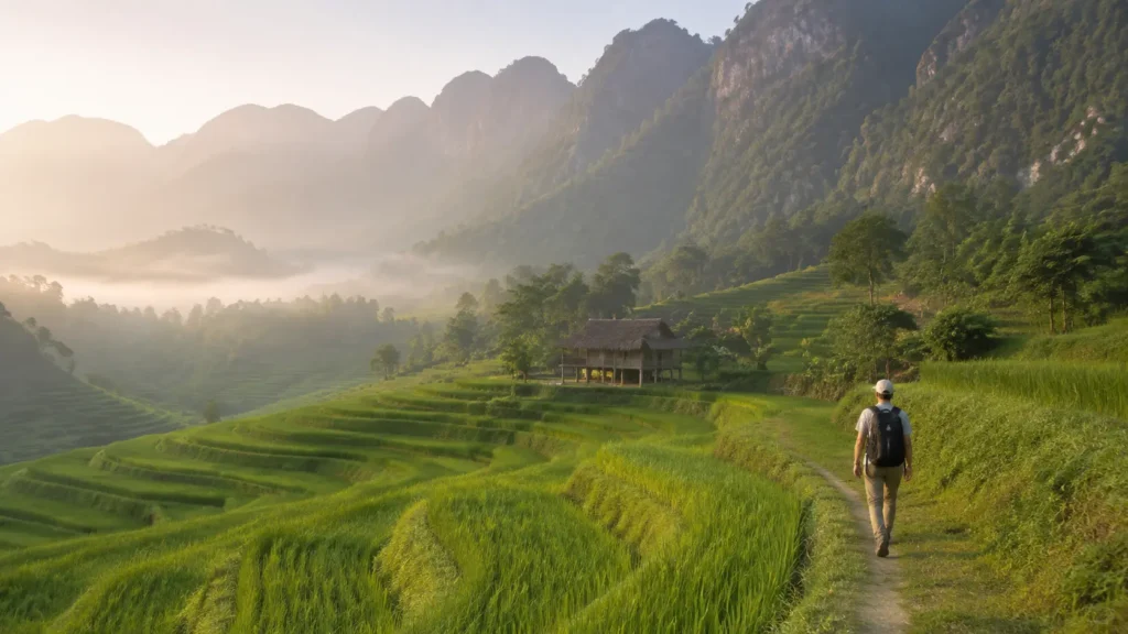 Traveller walking through quiet rice terraces in Pu Luong, Vietnam